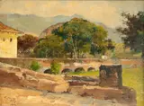 Paisagem de Petrópolis com Casarios e Rio by Manuel Teixeira da Rocha, 1896, óleo sobre madeira, offered Jul 2024