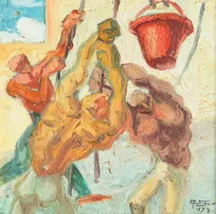 Trabalhadores by E. P. Sigaud, 1973, óleo sobre placa, offered Jul 2024