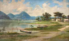 Bahia de Tumiaru - São Vicente by Benedito Calixto, 1922, óleo sobre tela, offered Jul 2024