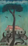 José Antônio da Silva, Bois, Árvore e Casa, 1983, óleo sobre tela