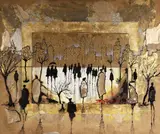 Roberto Camasmie, New York in Gold, 2023, tinta acrílica, relevo, crayon, folha de ouro, couro e lantejoura sobre tela