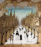 Roberto Camasmie, New York In Gold, 2023, acrílica, relevo, crayon, folha de ouro, aplicação de couro e lantejoulas sobre tela