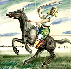 Homem e Cavalo by Alfredo Volpi, pintura sobre azulejo, offered Jan 2024
