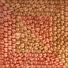 Armagem, caramelo e vermelho by Paulo Roberto Leal, 1974, papel, colado à madeira em vidro acrílico, offered Jan 2024