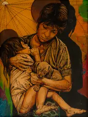 Maternidade - Série Trilogia by Quissak Júnior, 1975, óleo sobre madeira, offered Nov 2023
