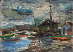 Marinha com Pescadores by Mario Zanini, óleo sobre cartão, offered Nov 2023