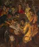 Discussão no Jogo by Tadashi Kaminagai, 1945, óleo sobre tela colada em madeira, offered Nov 2023
