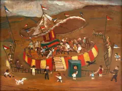 Parque de Diversões by Yoshiya Takaoka, 1944, óleo sobre cartão, offered Nov 2023