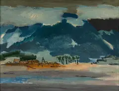 Praia com Igreja by Yuji Tamaki, óleo sobre eucatex, offered Nov 2023