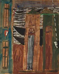 Casas, Mastros, Barcos e Mar by Alfredo Volpi, 1944, têmpera sobre cartão, offered Oct 2023