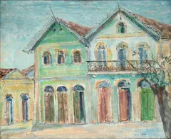 Casas da Rua Barão de Iguape by Renée Lefèvre, 1973, óleo sobre tela, offered Oct 2023