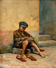O Menino Engraxate by Oscar Pereira da Silva, óleo sobre madeira, offered Oct 2023