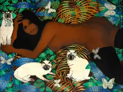 Nu dos Três Gatos Siamêses by Genaro de Carvalho, 1970, óleo sobre tela, offered Oct 2023