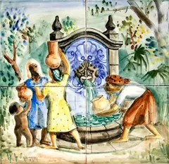Fonte, Mulheres e Criança by Alfredo Volpi, pintura sobre azulejo, offered Aug 2023