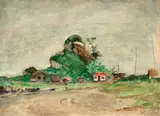 Alfredo Volpi, Paisagem em Itanhaém, 1930, óleo sobre cartão entelado