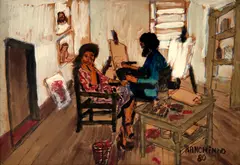 Atelier by Ranchinho, 1980, técnica mista sobre cartão colado sobre placa, offered Jun 2023