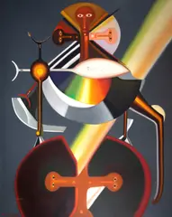 Raças by Miguel dos Santos, 1983, óleo sobre tela colado no eucatex, offered Jun 2023