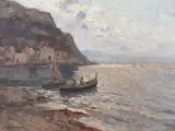 Angelo Cannone, Marinha com Barcos, óleo sobre madeira