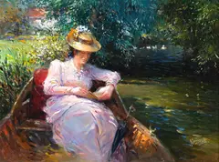 Jovem lendo no barco by Detlef Nitschke, óleo sobre madeira, offered Apr 2023