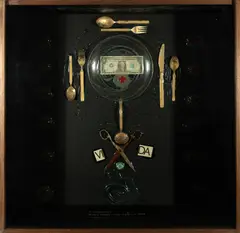 O Jornalista by Olney Krüse, 1990, colagem sobre caixa de madeira, offered Mar 2023
