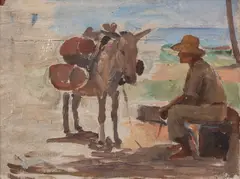 Figura Masculino com Burro by Sílvio Pinto, 1945, óleo sobre placa, offered Dec 2022