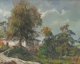 Lucílio de Albuquerque, Paisagem com Casario, óleo sobre placa