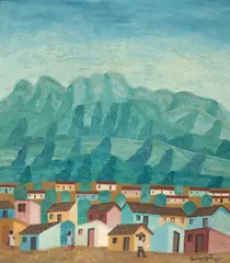 Casarios com Montanhas ao Fundo by Amadeo Lorenzato, 1981, óleo sobre placa, offered Oct 2022