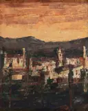 Tarde, Montanhas e Casario by José Paulo Moreira da Fonseca, óleo sobre tela, offered Aug 2022