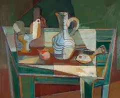 Natureza Morta - Peixe com Galo e Vaso by Roberto Burle Marx, 1946, óleo sobre tela, offered Aug 2022