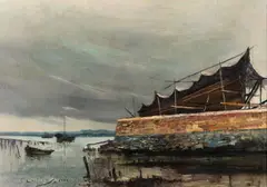Estaleiro na Baia de Guanabara by Giovanni Battista Castagneto, 1887, óleo sobre tela, offered Aug 2022