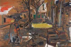 Cena Urbana by Maria Polo, 1960, óleo e têmpera sobre papel colado em tela, offered Aug 2022