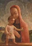 Nossa Senhora e o Menino Jesus by Fulvio Pennacchi, 1949, óleo sobre placa, offered Jun 2022