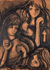 Meninas by Dudi Maia Rosa, nanquim sobre papel colado em placa, offered May 2022