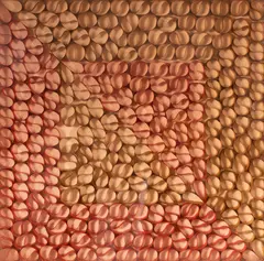Armagem, caramelo e vermelho by Paulo Roberto Leal, 1974, papel, colado à madeira em vidro acrílico, offered May 2022
