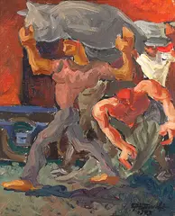 Carregando Café by E. P. Sigaud, 1973, óleo sobre tela, offered Feb 2022