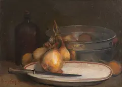 Natureza Morta com Cebolas by Benedito José De Andrade, óleo sobre placa, offered Feb 2022