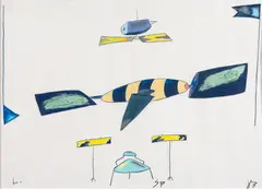 Sem Título by Leonilson, 1983, lápis de cor sobre recorte de papel colado sobre papel, offered Oct 2021