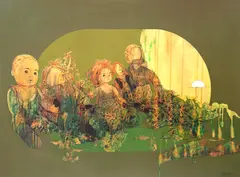 Crianças by Quissak Júnior, 1972, óleo sobre placa, offered Jul 2021