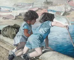 Armando Sendin, Crianças Brincando no Rio, óleo sobre tela