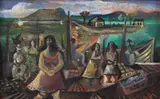 Mulheres e Pescadores by Di Cavalcanti, óleo sobre cartão, offered Jul 2021