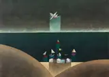Paisagem com barcos e pássaro by Inos Corradin, óleo sobre tela, offered May 2021