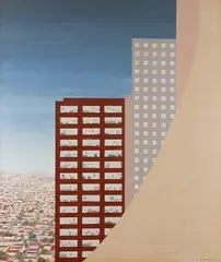 Prédios by Nelson Screnci, 1988, óleo sobre tela, offered May 2021