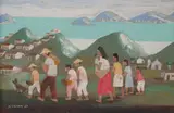 Marinha com Figuras Caminhando by Fulvio Pennacchi, 1983, óleo sobre placa, offered May 2021
