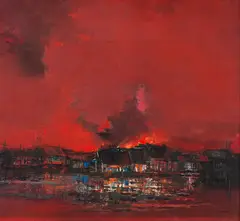 Barracas em Chamas by Jenner Augusto, óleo sobre tela, offered Mar 2021