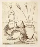 Francisco Rebolo, Vaso, Frutas e Estátua, gravura em metal
