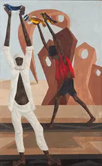 Figuras com Pássaros by Clóvis Graciano, 1968, óleo sobre tela, offered Mar 2021