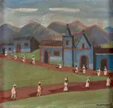 Aldeia com Igreja by Fulvio Pennacchi, 1968, óleo sobre placa, offered Nov 2020