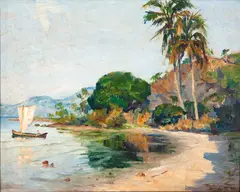 Praia do Sino Ilha Bela by Paulo Valle Junior, óleo sobre placa, offered Aug 2020