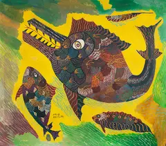 Peixes by Francisco Da Silva, 1968, óleo sobre tela, offered May 2020