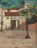 Heitor de Pinho, Casario com Paisagem, 1945, óleo sobre madeira